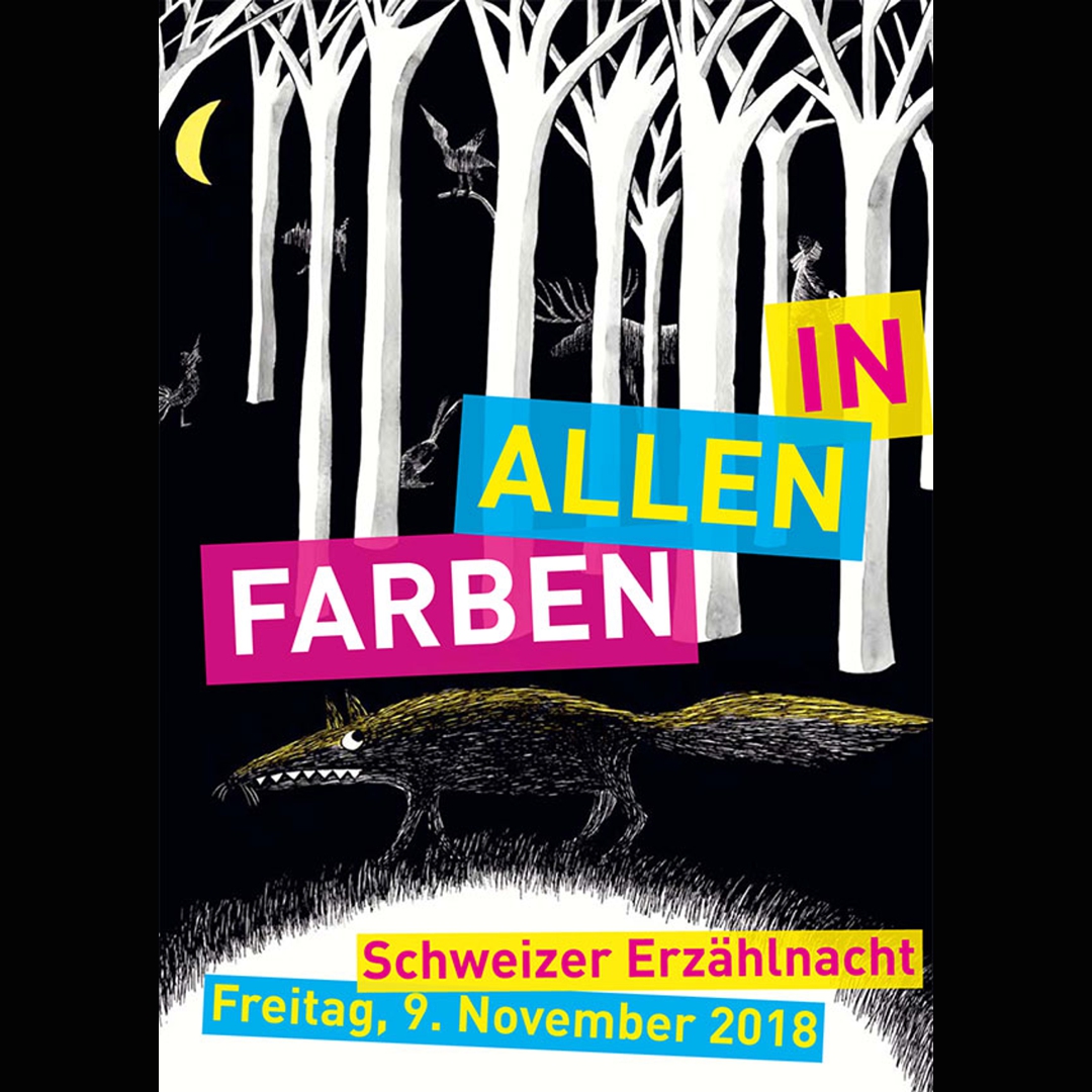 Logo der Erzählnacht 2018: weisse Baum-Silhouetten vor schwarzem Hintergrund mit farbiger Schrift auf farbigem Grund. In allen Farben. Schweizer Erzählnacht. Freitag, 9. November 2018