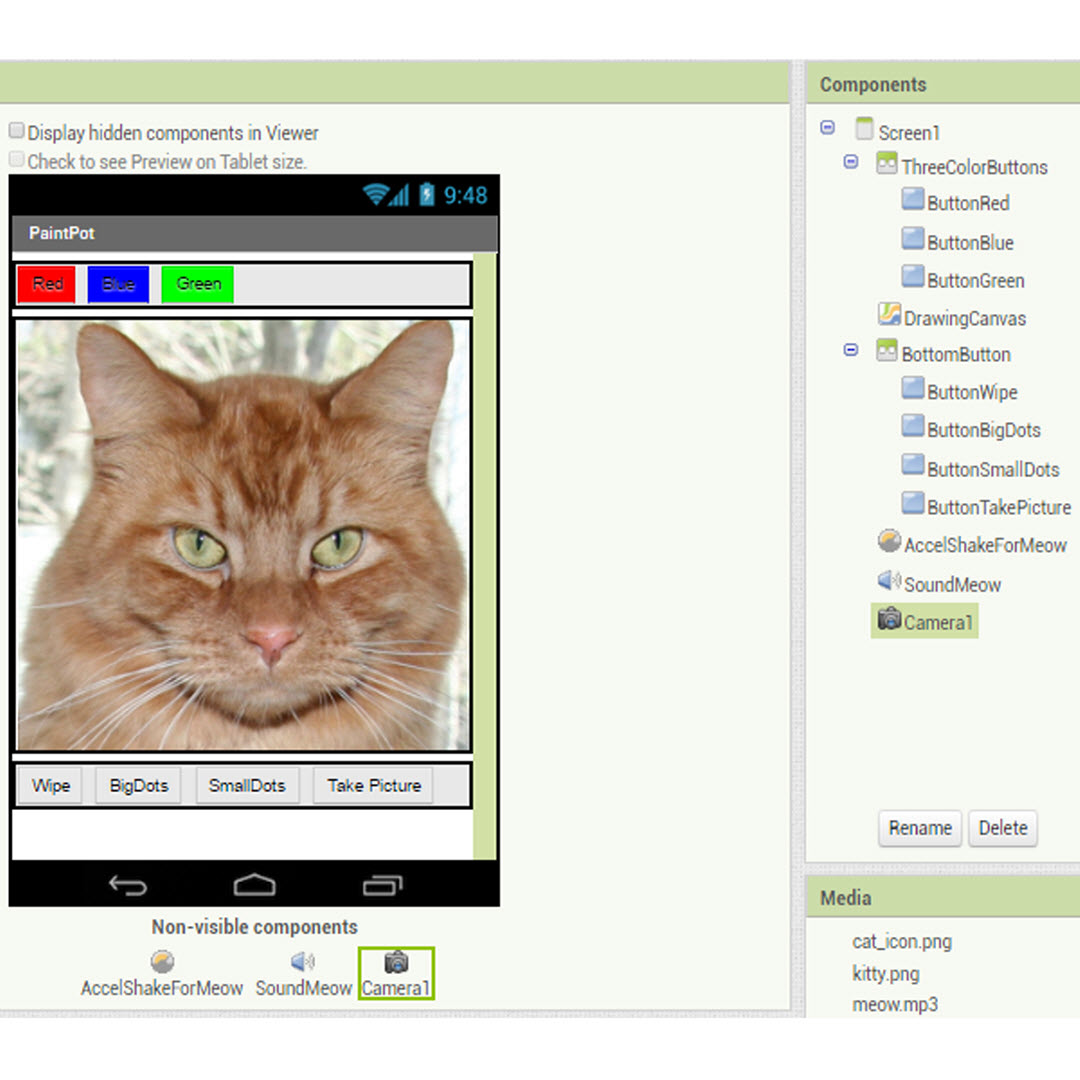 Screenshot: Web-Oberfläche des MIT-App Inventors, 
                        zeigt Vorschau der Foto Mal-App