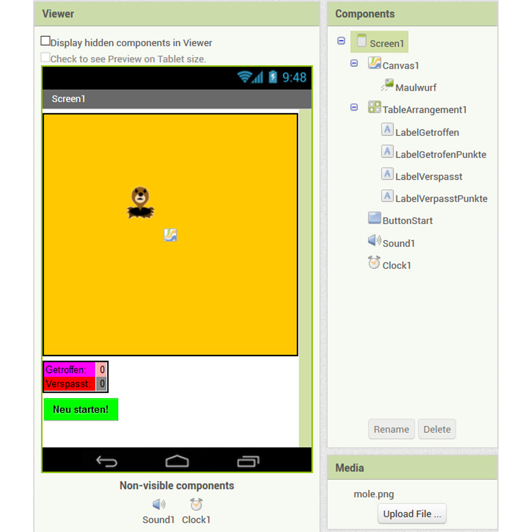 Screenshot: Web-Oberfläche des MIT-App Inventors, 
                        zeigt Vorschau des Maulwurf-Spiels