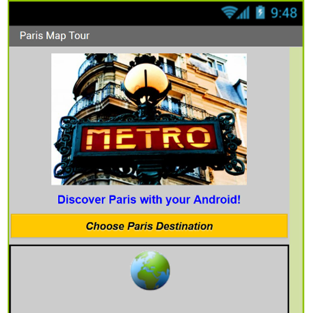 Screenshot: Web-Oberfläche des MIT-App Inventors, 
                        zeigt Vorschau der Paris Karten-App